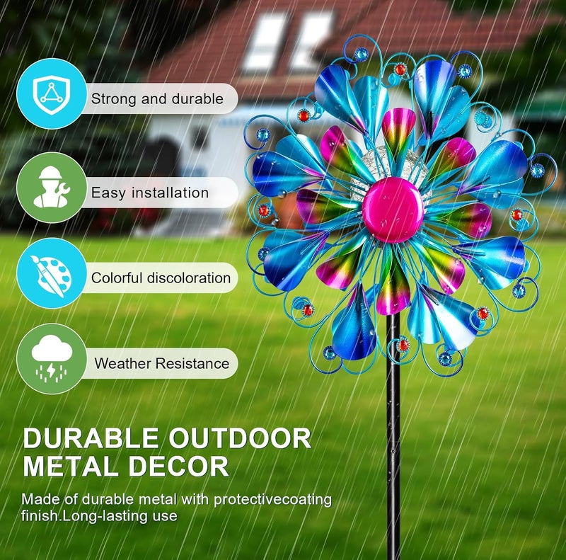 MXwcy 60'' Wind Spinner with Color Glass Ball Solar Lights, Blue Peacock Feathers Metal Garden Outdoor Decor Yard Lawn Art Decor for Patio Kinetic Windmills Unique Gifts for Friends and Family - Image 3